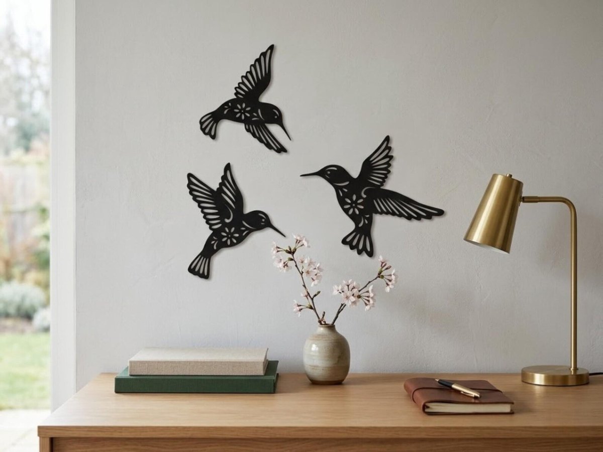 Houten Kolibrie Wanddecoratie Set – Moderne Zwarte Vogel Muurdecoratie voor Woonkamer en Slaapkamer