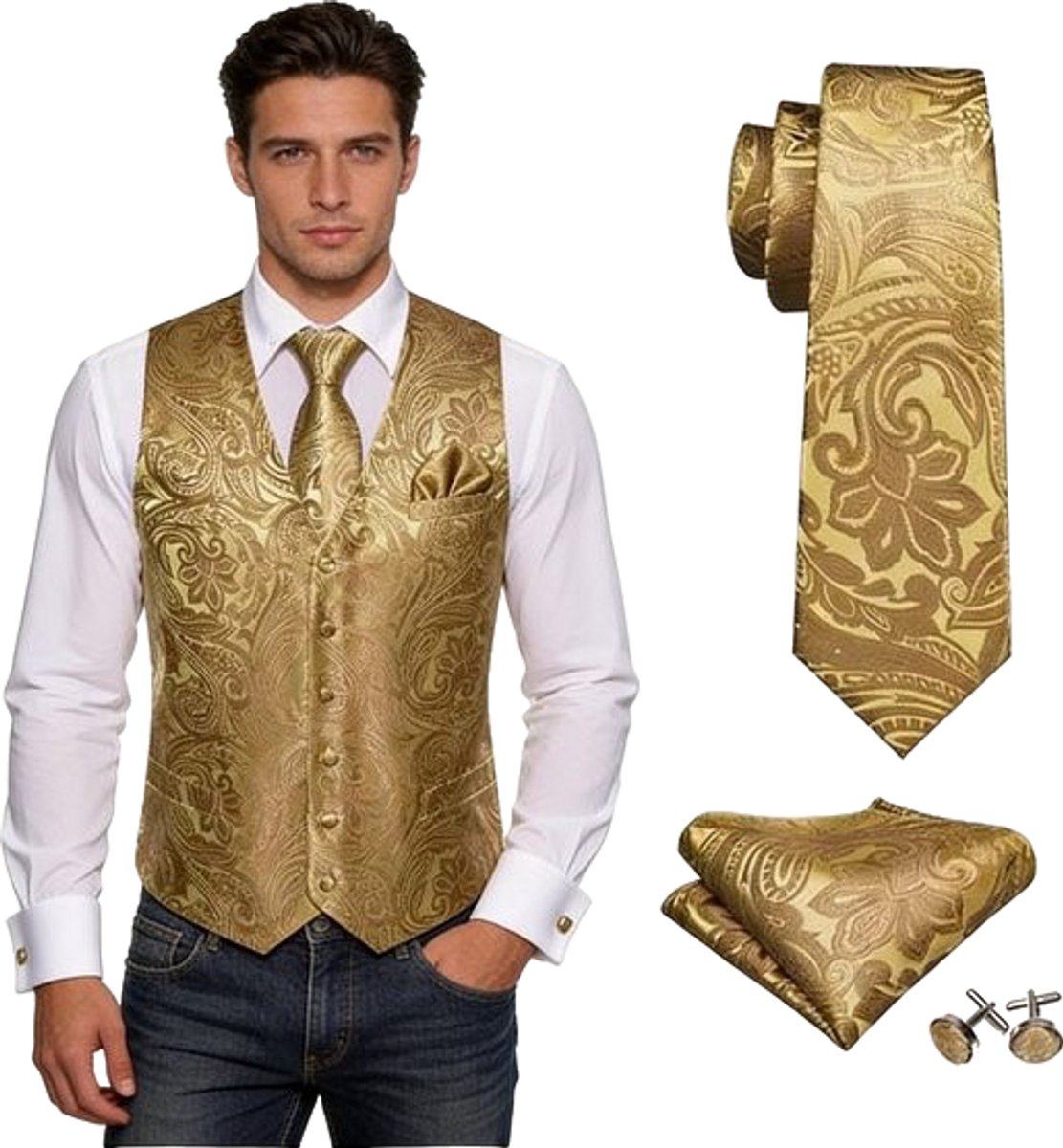 Gouden Gilet Heren met Stropdas - Bruiloft - Smoking - Maatpak - Colbert
