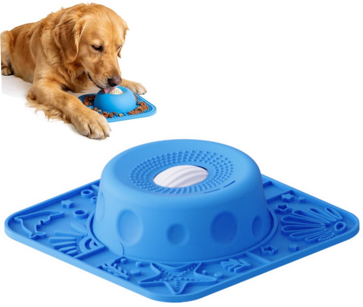 Blauw 2 In 1 Slowfeeder-voerbak & likmat voor vloeibare en dikke traktaties – Antislip likbak voor honden met interactieve rolbal – 5/6 Cup likspeelgoed voor grote, middelgrote en kleine honden en katten