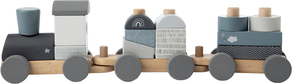 Label Label - Houten Blokkentrein - Blauw - FSC Hout - 14 Delen - Stimuleert Creatief Spelen - Geschikt voor Kindjes vanaf 18 Maanden