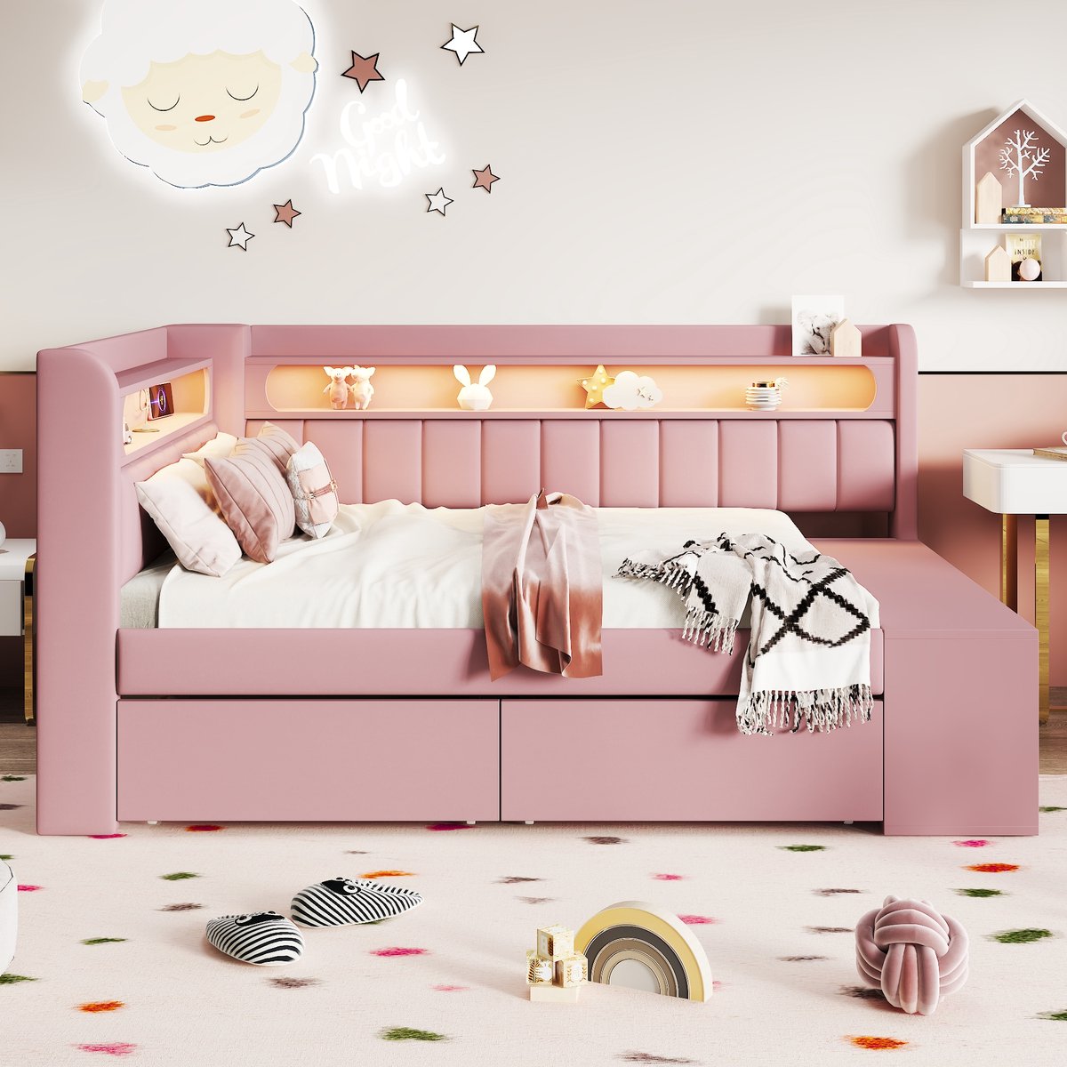 Merax 90x200 cm slaapbank - met USB-poort en LED-verlichting - met schoenenkast en lade - roze - zonder matras