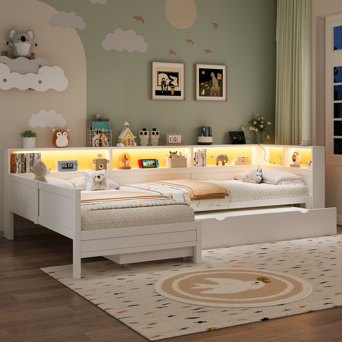 Merax 90x200cm slaapbank - L-vorm met uitschuifbaar bed en lade - wit - zonder matras