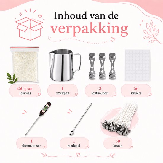Inhoud van de verpakking: 250g sojawas, smeltpan, 3 lontenhouders, 56 stickers, thermometer, roerlepel, 50 lonten.
