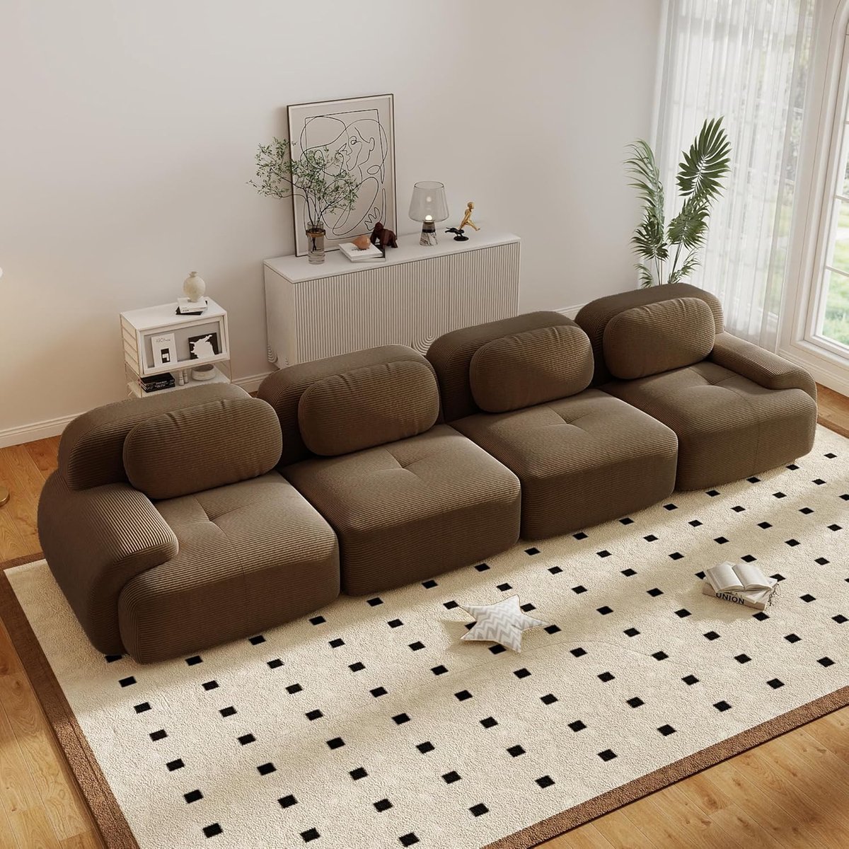 Zubaliya 4-zits Converteerbare Hoekbank, 388 cm, Moderne Modulaire Bank met Diepe Zitting, Extra Grote Gewatteerde Corduroy Bank voor de Woonkamer, Geen Montage Nodig-Brown