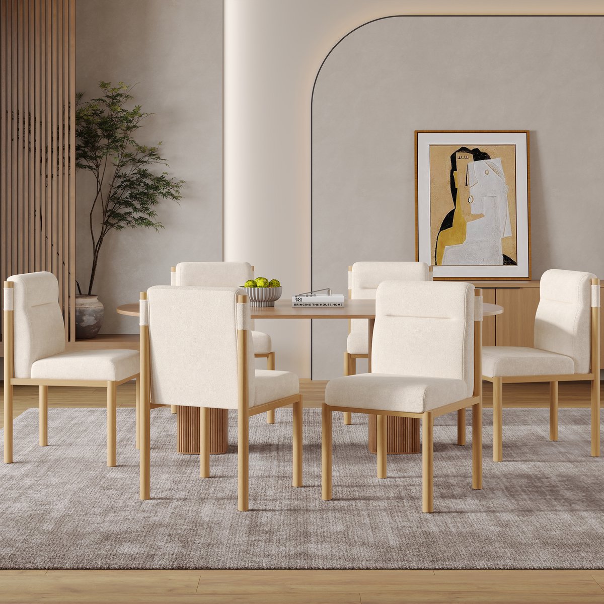 Eetkamerstoel Set van 6 - Sherpa Gestoffeerde Stoel Met Zachte Zitting en Rugleuning - Voor Eetkamer, Woonkamer en Café - Beige