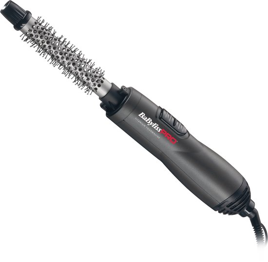 Donkergrijze BaBylissPRO Titanium Tourmaline haardroger met opzetborstel, voorzien van knoppen en merklogo.
