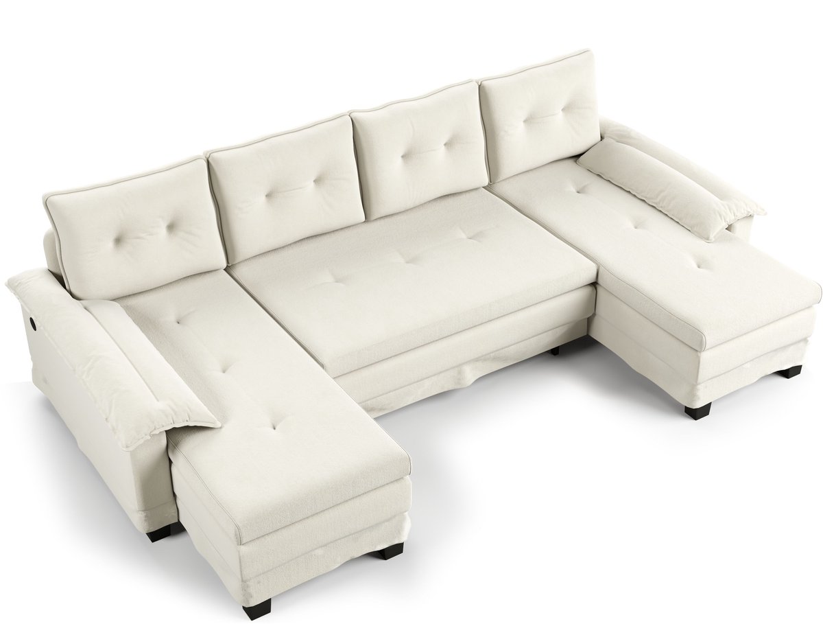 REDOM - U-Vormige Modulaire Slaapbank - Uitschuifbaar En Met USB-Aansluiting - Modern - Voor Woonkamer - Chenille - Beige - 278 x 127 x 87 cm