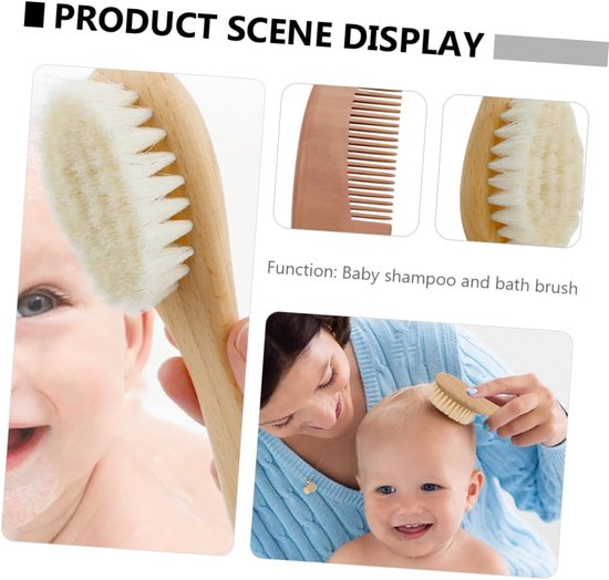 2-delige babyshampooborstel en kam - Zachte wol - Houten babyshampooborstelset - Geschikt voor het baden van baby's - Houtkleur 15/9,5 cm — afbeelding 3