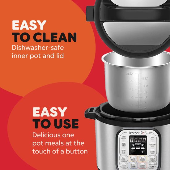 Instant Pot Duo Mini met open deksel en zilverkleurige binnenpan, met tekst "EASY TO CLEAN" en "EASY TO USE".