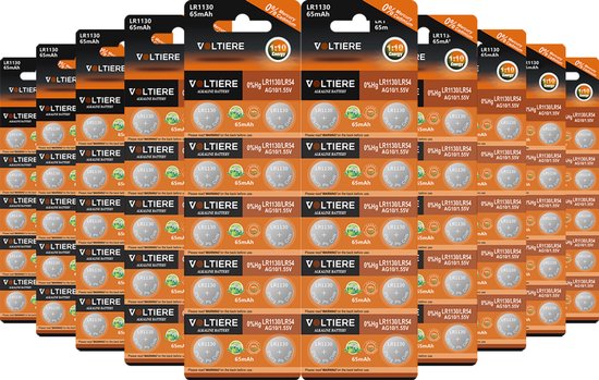 Grote hoeveelheid Voltière LR1130 alkaline knoopcelbatterijen in verpakking.