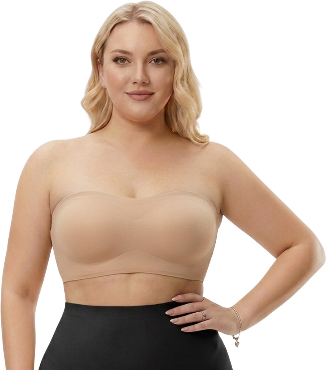 Naadloze Strapless BH met Anti Slip – Maat S - Beige - Strapless Push Up BH Zonder Beugel - Onzichtbare BH Dames - Seamless Bandeau BH - Draadloze Comfort BH - Strapless BH voor Jurk & Top - BH met Uitneembare Pads - Shapetape