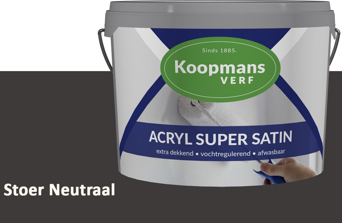 Koopmans Acryl Super Satin Zijdeglans Muurverf – Reinigbare Binnen- en Buitenverf voor Muren & Plafonds – Stoer Neutraal – 1 l