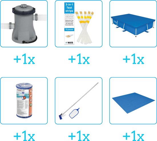 Overzicht van 6 zwembadaccessoires: filterpomp, teststrips, rechthoekig zwembad, filtercartridge, zwembadreiniger en grondzeil.