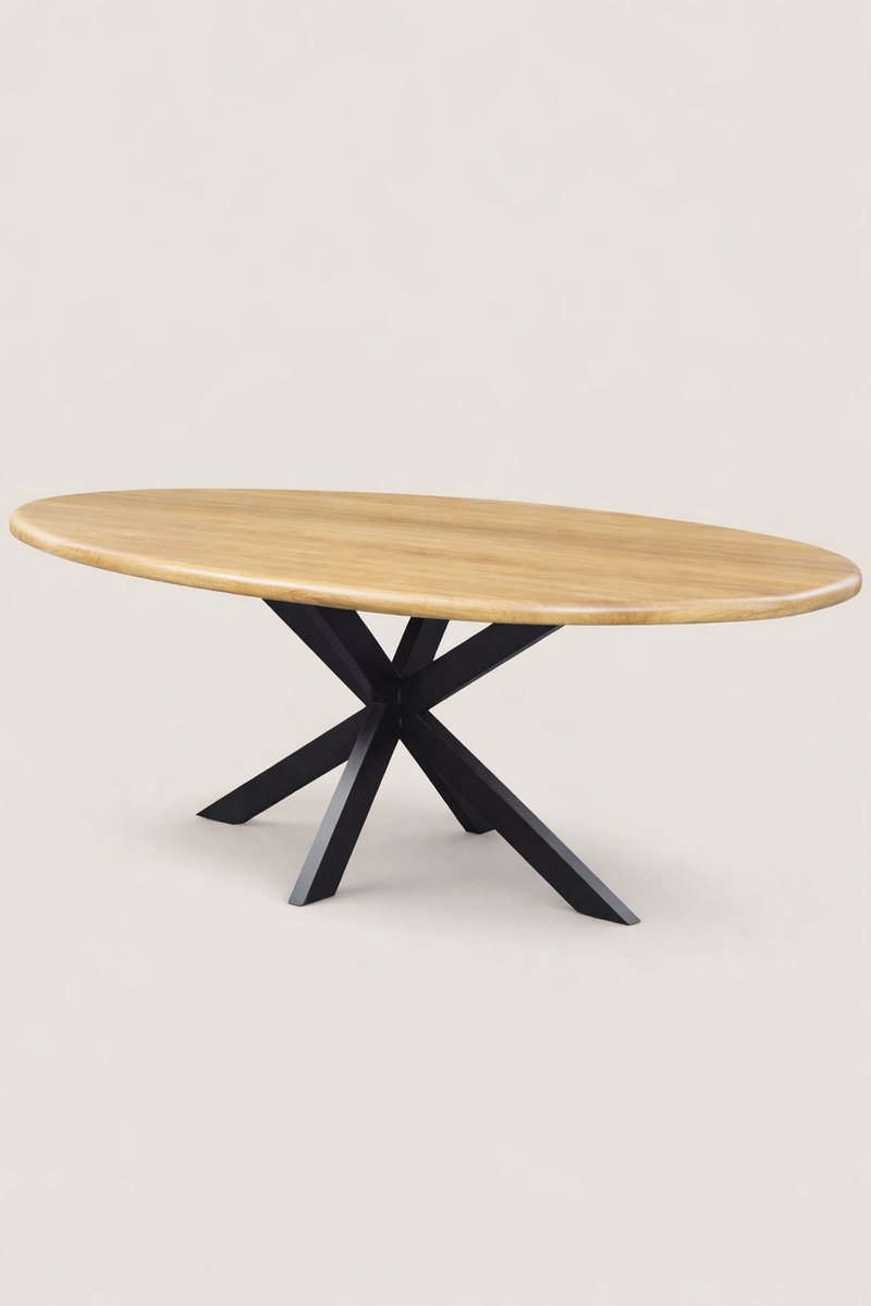 Ovale Eettafel 180 cm Mangohout – Zwart Metalen Matrix Onderstel – Landelijk – 4-5 Personen