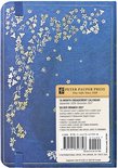 Achterkant van blauwe agenda met bloemen en vlinderdecoratie, productinformatie en barcode.