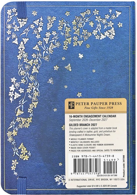 Achterkant van blauwe agenda met bloemen en vlinderdecoratie, productinformatie en barcode.