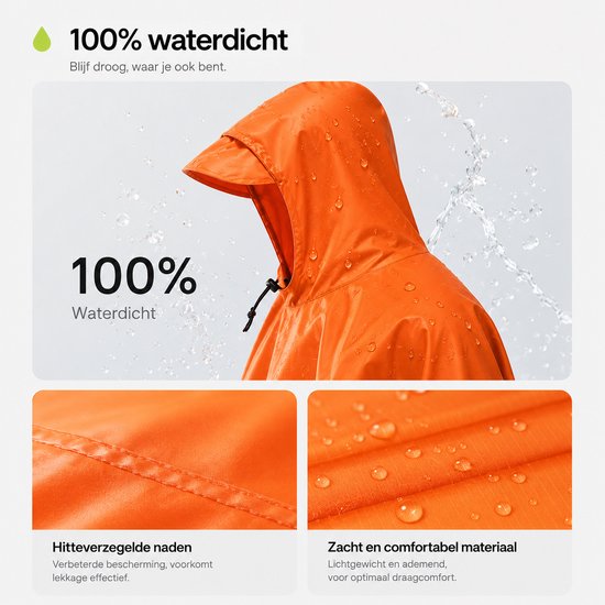 Close-up van oranje poncho met regen druppels. Gesealde naden en zacht, comfortabel materiaal.