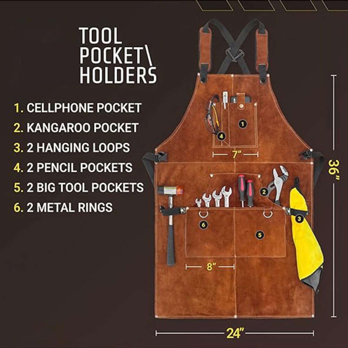 Werkschort - Lasschort - Barbecue Schort - Keukenschort - Hittebestendig - met 6 zakken - Verstelbaar - BBQ Schort - timmermansschort voor heren - Tuinschort - Unisex - voor smid, monteur, werkplaats - Cadeau voor Vaderdag of Verjaardag - bruin — cadeau in Hobby - foto 2