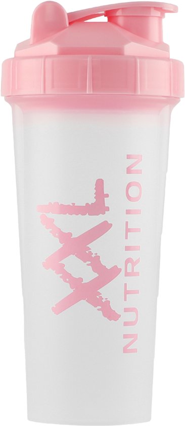XXL Nutrition shaker beker in wit met roze logo en dop.