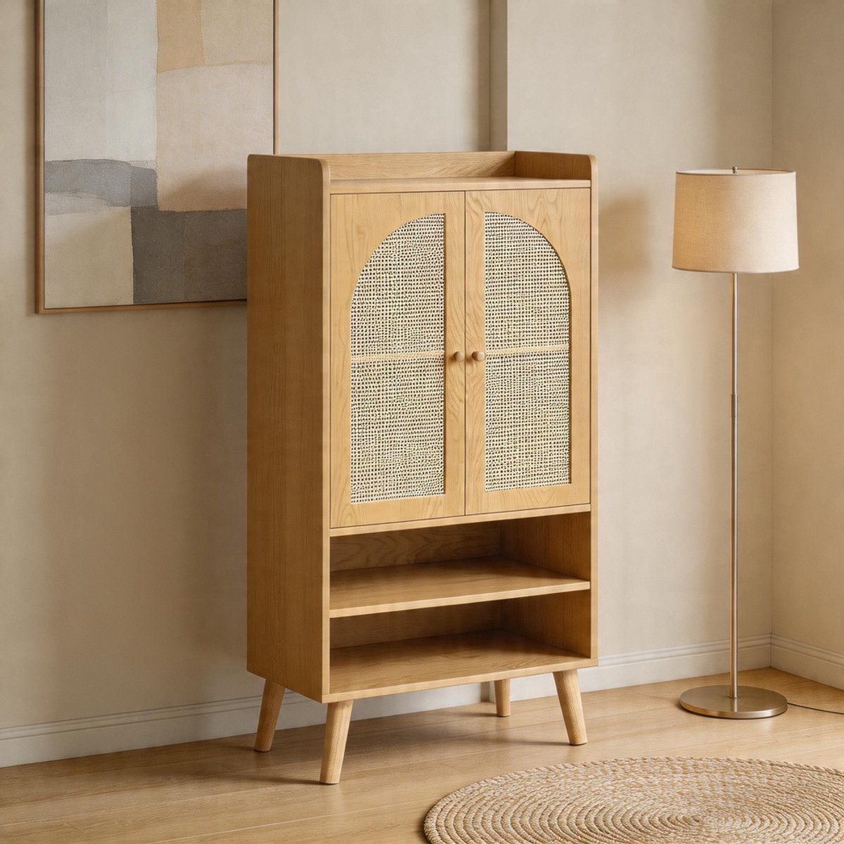 KOMHTOM - Rotan dressoir - 2 rotan deuren en 2 open vakken - Opbergkast / buffet - Houten highboard - Voor hal, woonkamer of keuken - Afmetingen: B60×D40×H121 cm