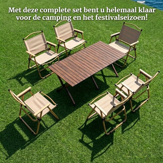 Opvouwbare Kampeerset voor 6 Personen - 120x60x45cm Campingtafel met 6 Stoelen - Roltafel - Kermitstoel - Buiteneettafel - Houtlook / Canvas - Draagbaar - Regisseursstoel - Relaxstoel voor buiten — afbeelding 4