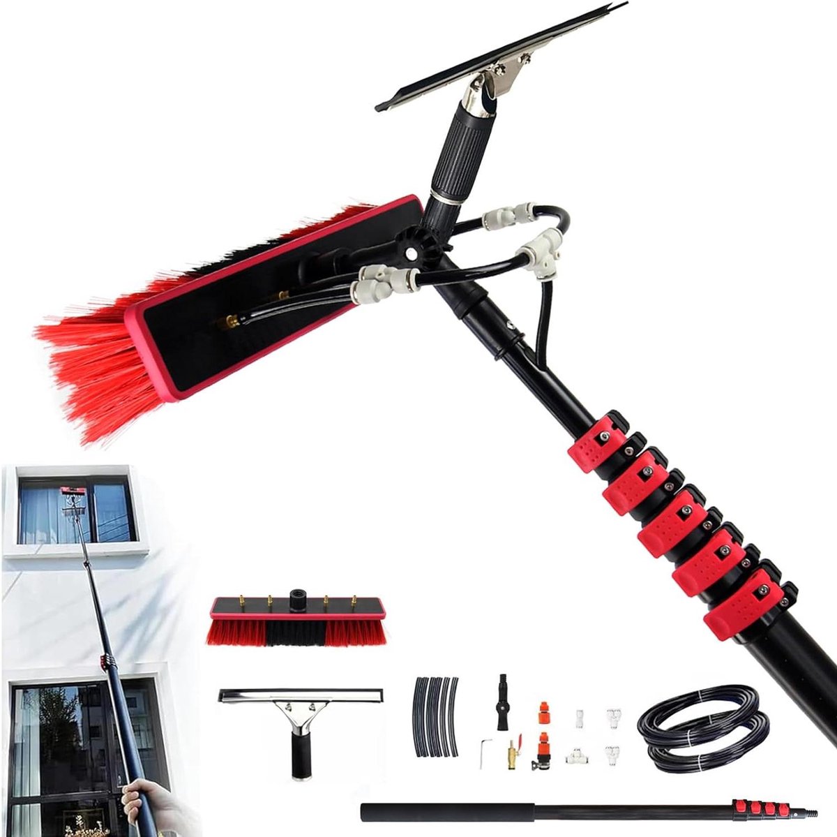 Reinigingsborstel Set - Telescoopsteel - Hoge Ramen Wassen - Instelbare Watertoevoer - 36 - 108 m - Grijs