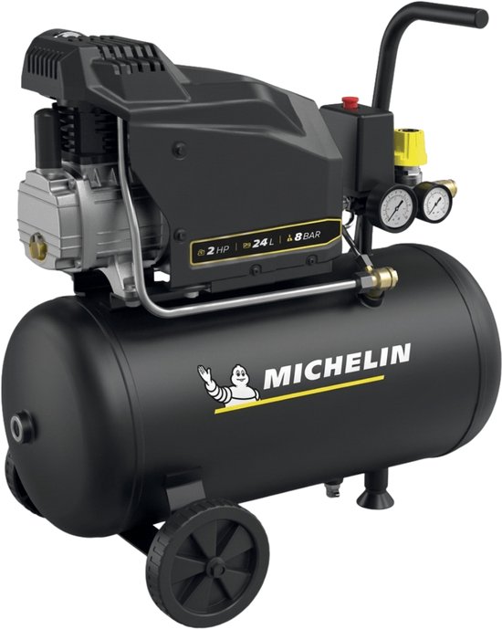 Zwarte Michelin compressor met 24L tank en gele accenten. 2 pk, 8 bar.