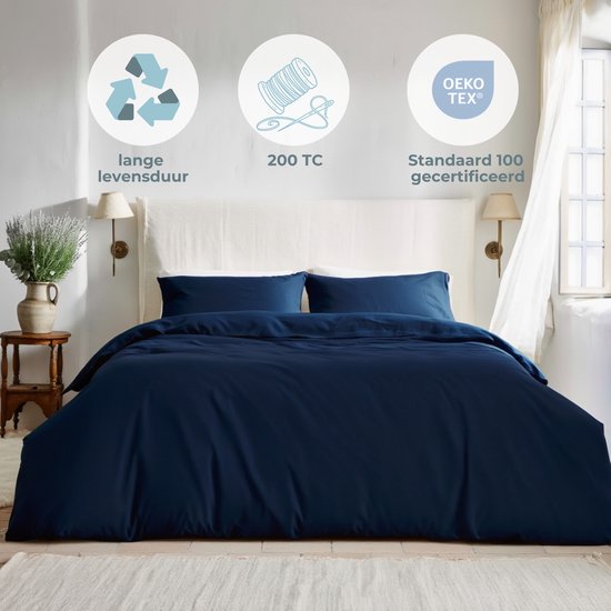 HUSH Living Dekbedovertrek percale - 100% katoen - 200TC - extra fris en koel - sterk en slijtvast - 200x220+20cm & 60x70+20cm - navy van Merkloos — afbeelding 2