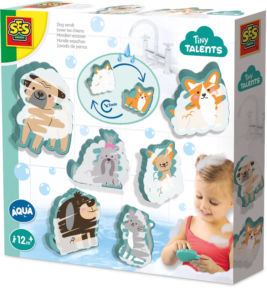 SES Creative - Tiny Talents - Badspeelgoed – Honden en kat wassen – illustraties verschijnen als het nat wordt - opnieuw te gebruiken - Speelgoed 1 jaar