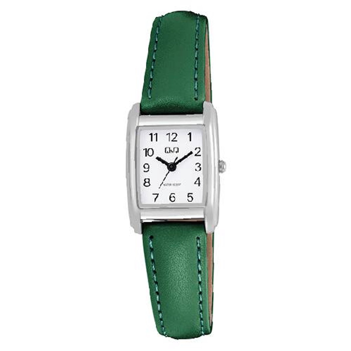 QQ-dameshorloge-model q44c-005-rechthoekig 28 x 20 mm-groen lederen band-3 atm waterdicht-duidelijke wijzerplaat