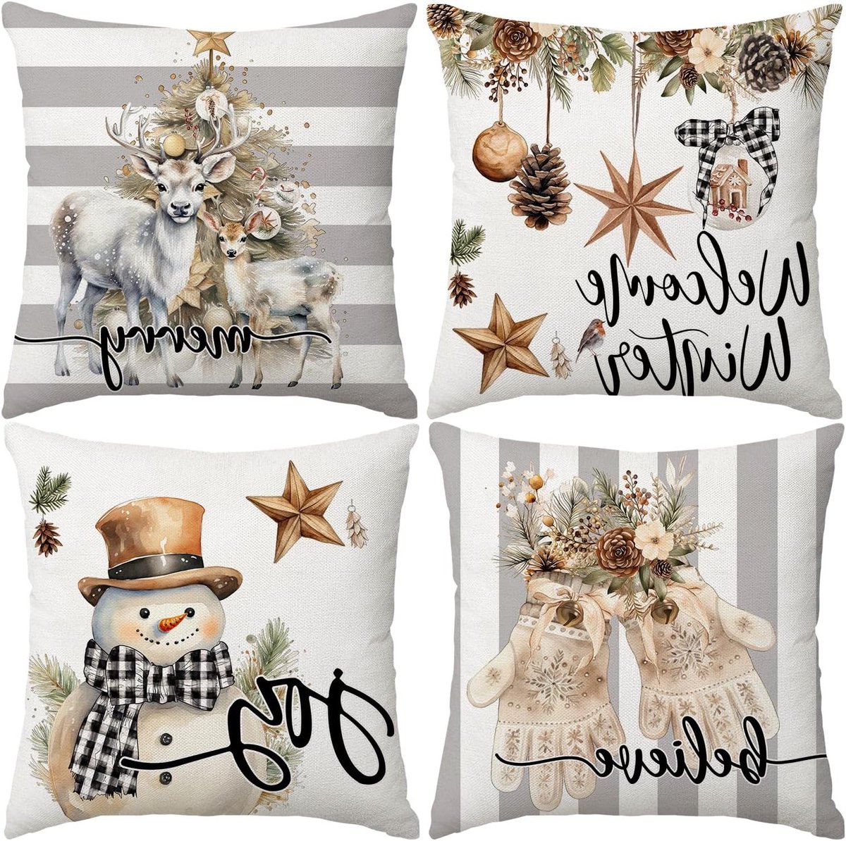 Set van 4 Kerstkussens 40x40cm met Sneeuwman en Handschoenen - Winter Decoratie voor Thuis, Grijs en Wit, Perfect voor de Feestdagen