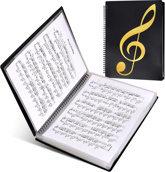 Zwarte muziekmap met gouden g-sleutel op de voorkant, open met bladmuziek erin.