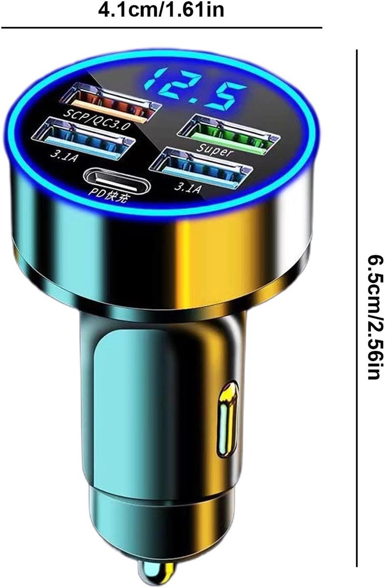 Auto Oplader - USB C Lader - Onderweg Opladen - Snelladen Tot 60% - 5 Poorten - Zwart – foto 7