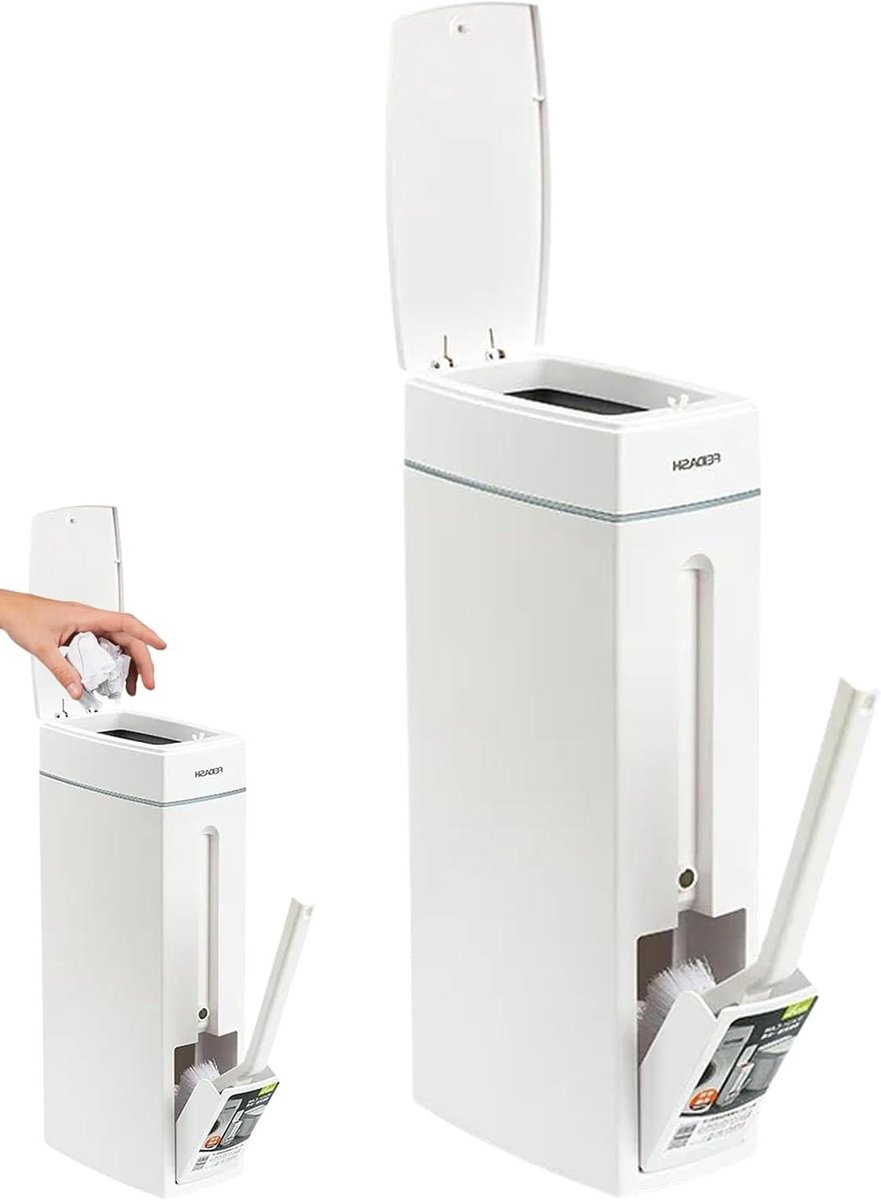 Afvalemmer met deksel - Toiletborstelhouder - Ruimtebesparend opbergen - Geïntegreerd design - 42 cm - Wit