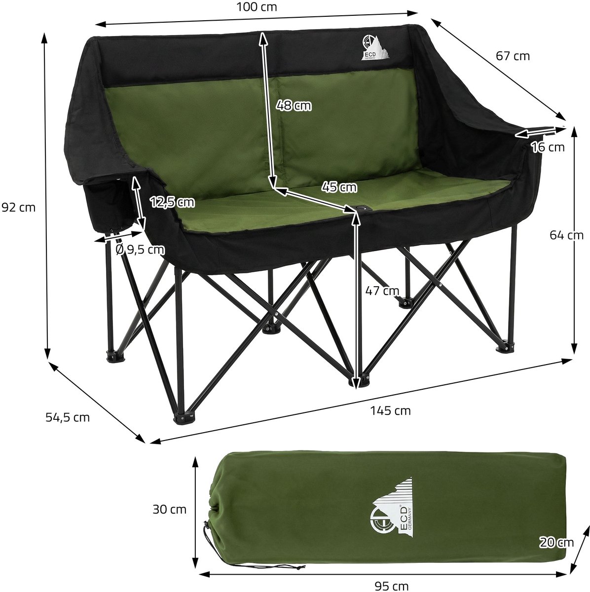ECD Germany Campingstoel 2 personen opvouwbaar, dubbele klapstoel serie, khaki outdoor bank met stalen frame en bekerhouders, inclusief handige draagtas, gevoerd campingsofa voor camping vissen strand en tuingebruik — cadeau in Sport & Outdoor - foto 6