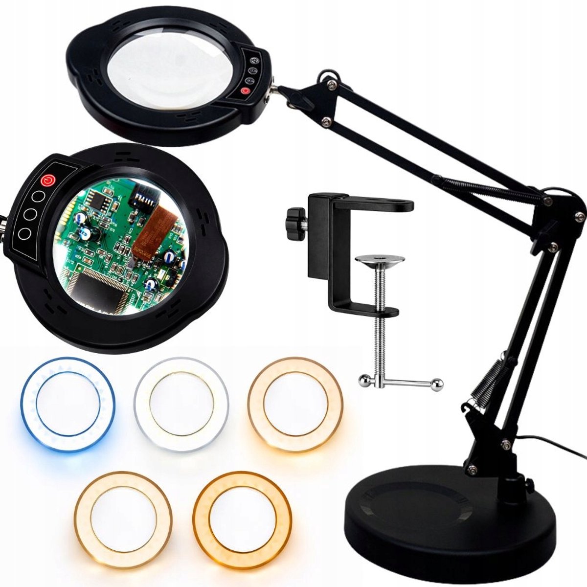 Loep Lamp 10x Vergroting – LED Bureau Vergrootlamp met Klem & Standaard – Instelbaar Licht 5 Kleuren – vergrootlamp led – loeplamp met led verlichting– vergrootglas met verlichting –staande loeplamp met verlichting – vergrootglas – 87146