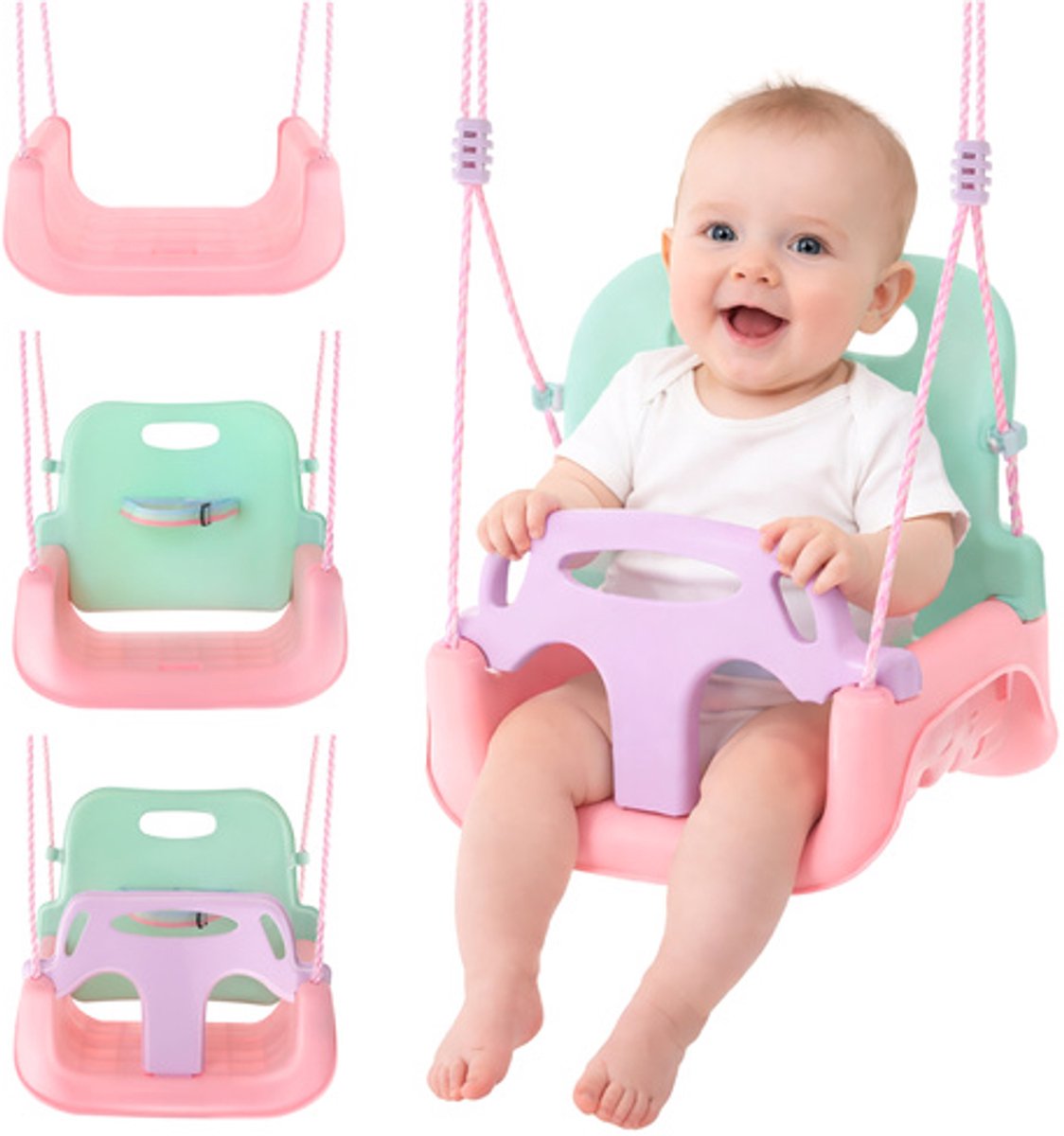 3-in-1 Kinderschommel met Rugleuning & Veiligheidsbeugel – Verstelbare Touwen 120-150 cm – Binnen & Buiten – Max 30 kg – baby schommel met rugleuning – baby swing seat – schommel met veiligheidsgordel – 62750 — afbeelding 9