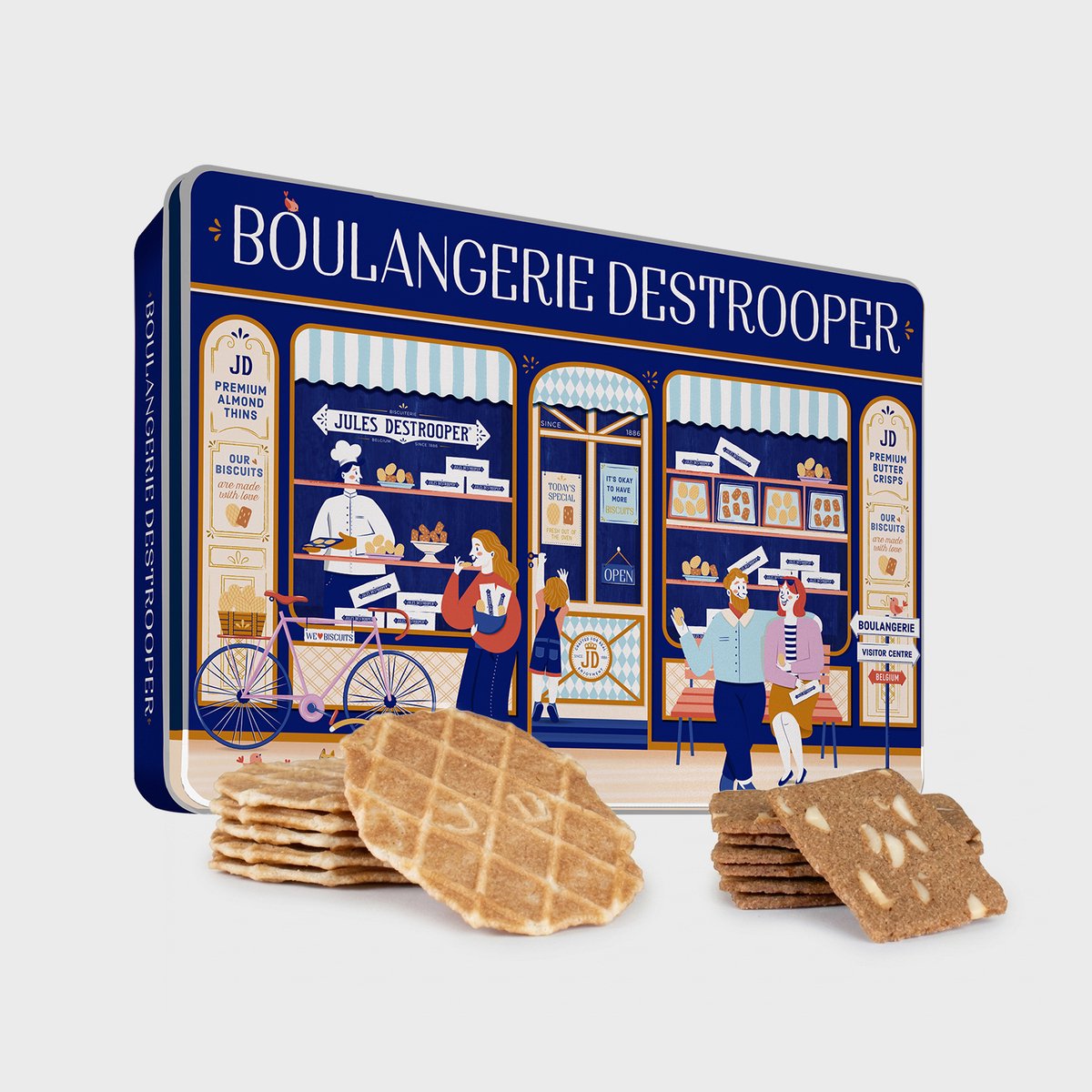 Jules Destrooper Koektrommel met Koekjes 350 g - Retro Koekjestrommel luchtdicht met koekjesmix van Natuurboterwafels en Amandelbrood koekjes voor bij de koffie - Authentieke retro koekjespot - Boulangerie