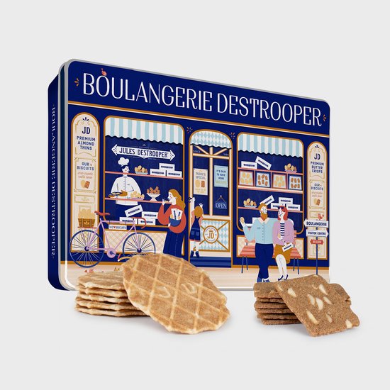 Jules Destrooper Koektrommel met Koekjes 350 g - Koekjestrommel luchtdicht met koekjesmix van Natuurboterwafels en Amandelbrood koekjes voor bij de koffie in bewaarblik - Authentieke koekjespot - Boulangerie