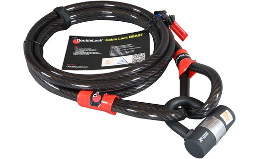 DubbeleLock "Cable Lock Beast" kabel en U-slot met rode accenten.