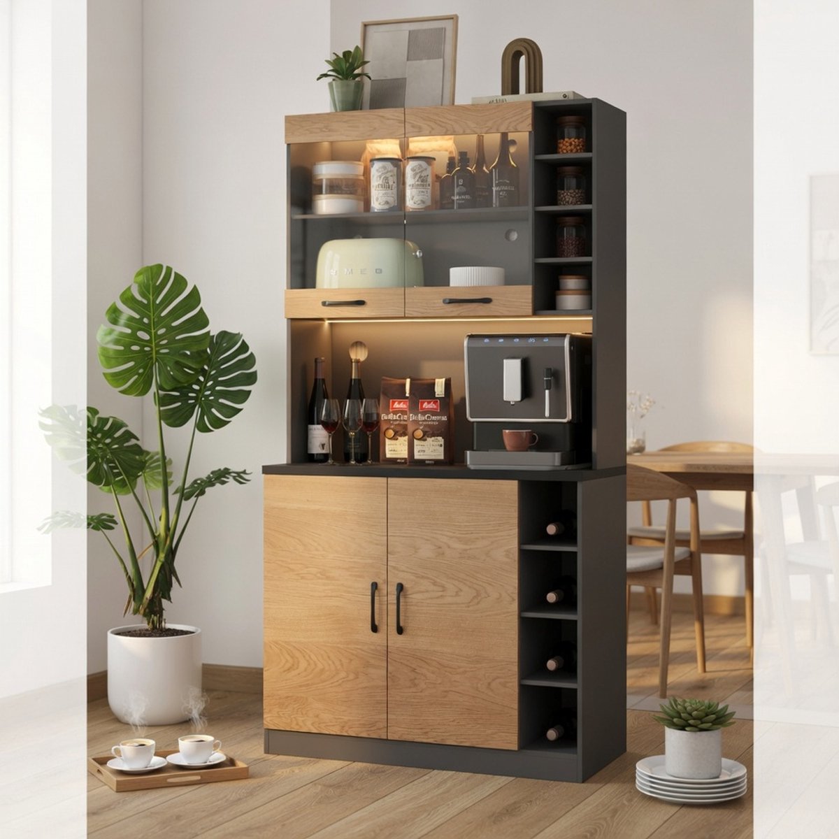 KOMHTOM - Keukenkast buffetkast - Sfeerverlichting - Kabelgaten - Ruimte voor magnetron - Verstelbare opbergvakken - Vrijstaand - 100x47x187 cm