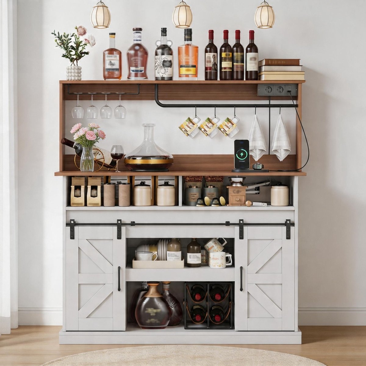 KOMHTOM - Koffiebar met glazenhouder en stopcontacten (2×AC, 2×USB) - Dressoir met opbergruimte - Landhuisstijl - Schuifdeuren - 120 cm