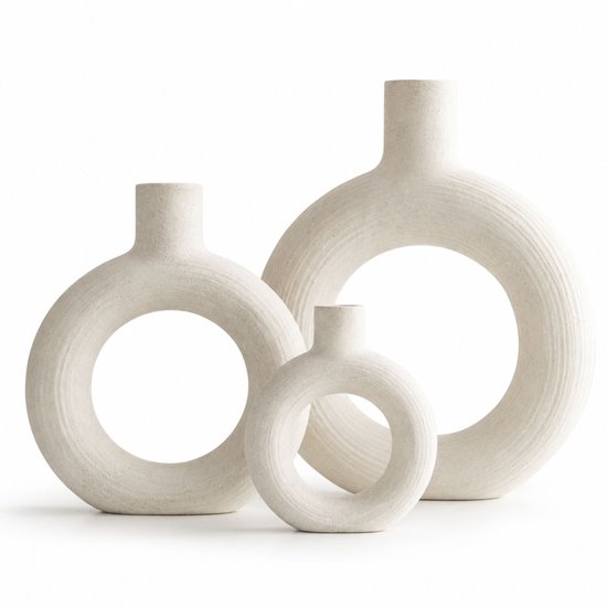 Luxaliving Keramische Donut Vazen Set van 3 – Beige – Scandinavische Woondecoratie – Moderne Ronde Vazen
