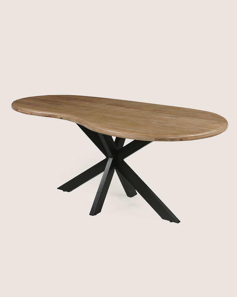 Organische Eettafel 220 cm Mangohout – Zwart Metalen Matrix Onderstel – Modern Design – 6-7 Personen