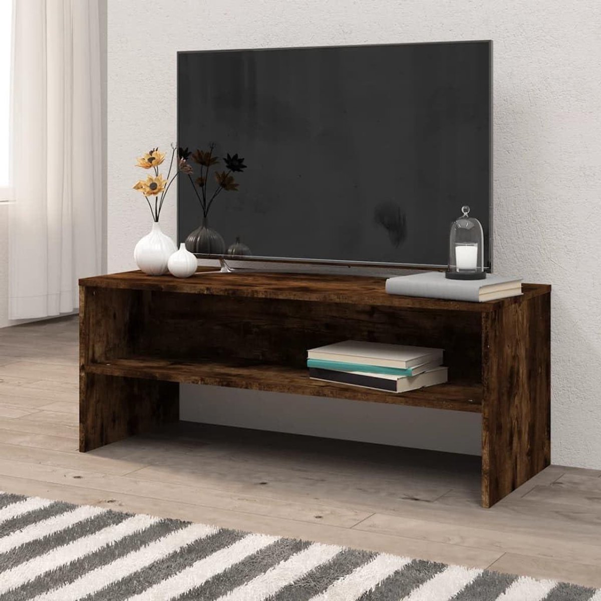 TV-kast hout - Mediabed - Multimedia opbergen - Open vak design - 100 cm breed - Rookeiken
