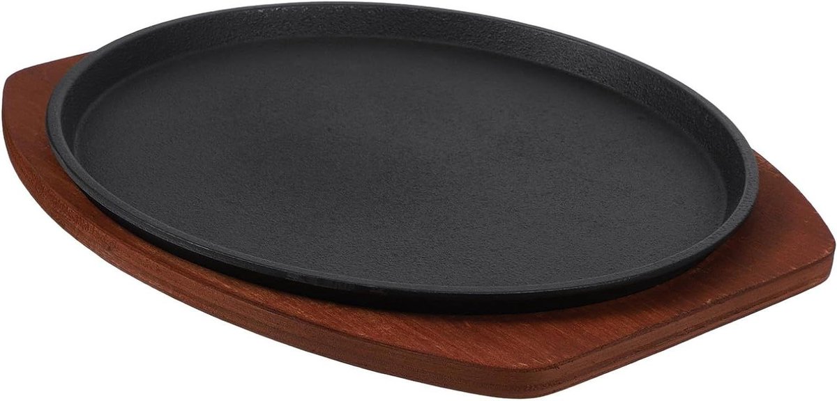 Gietijzeren Pan - Grillplaat - Steak Grillen - Met Houten Voet - 27 cm - Zwart