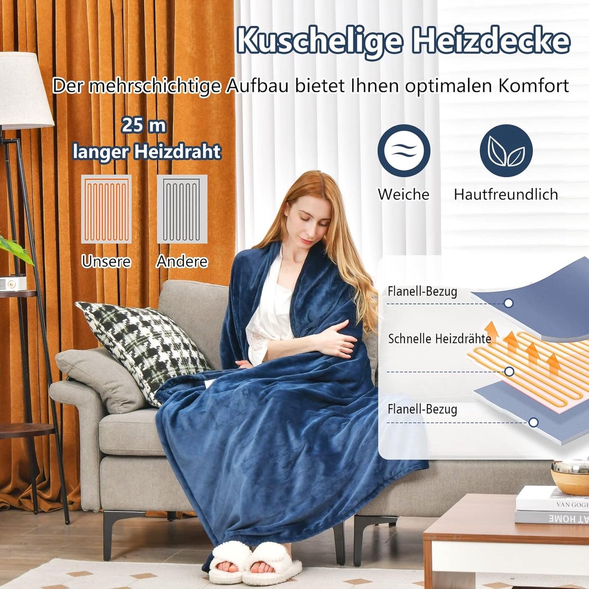 Elektrische deken - Warmtedeken knuffeldeken - Ontspannen warm blijven - 4 temperatuurstanden - 200 x 150 cm - Blauw