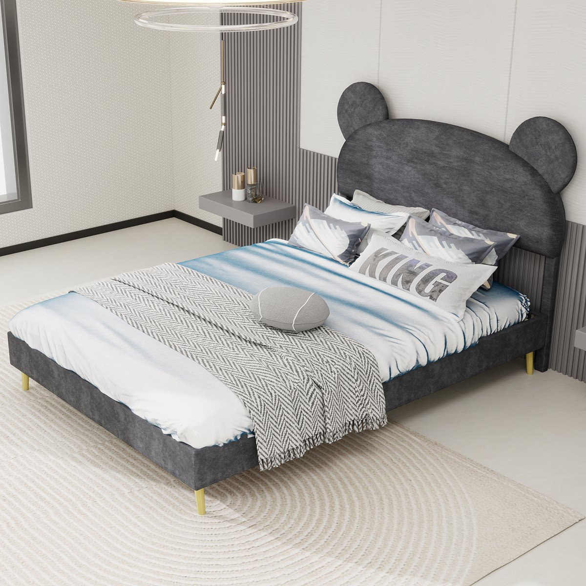 DESMIU Gestoffeerd Kinderbed 140x200cm – Speels Berenoren Hoofdbord – Stevige Slaapbasis – Veilig Voor Kinderkamer – Stof En Metaal – Grijs – Zonder Matras