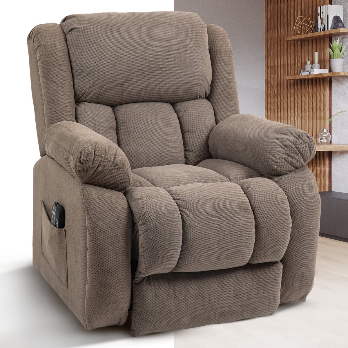 Massagestoel - Relaxfauteuil - Zetel - Sta op stoel elektrisch - Stof - 1 persoons - Met armleuning - Zeer comfortabel - Elektrisch - Lichtbruin