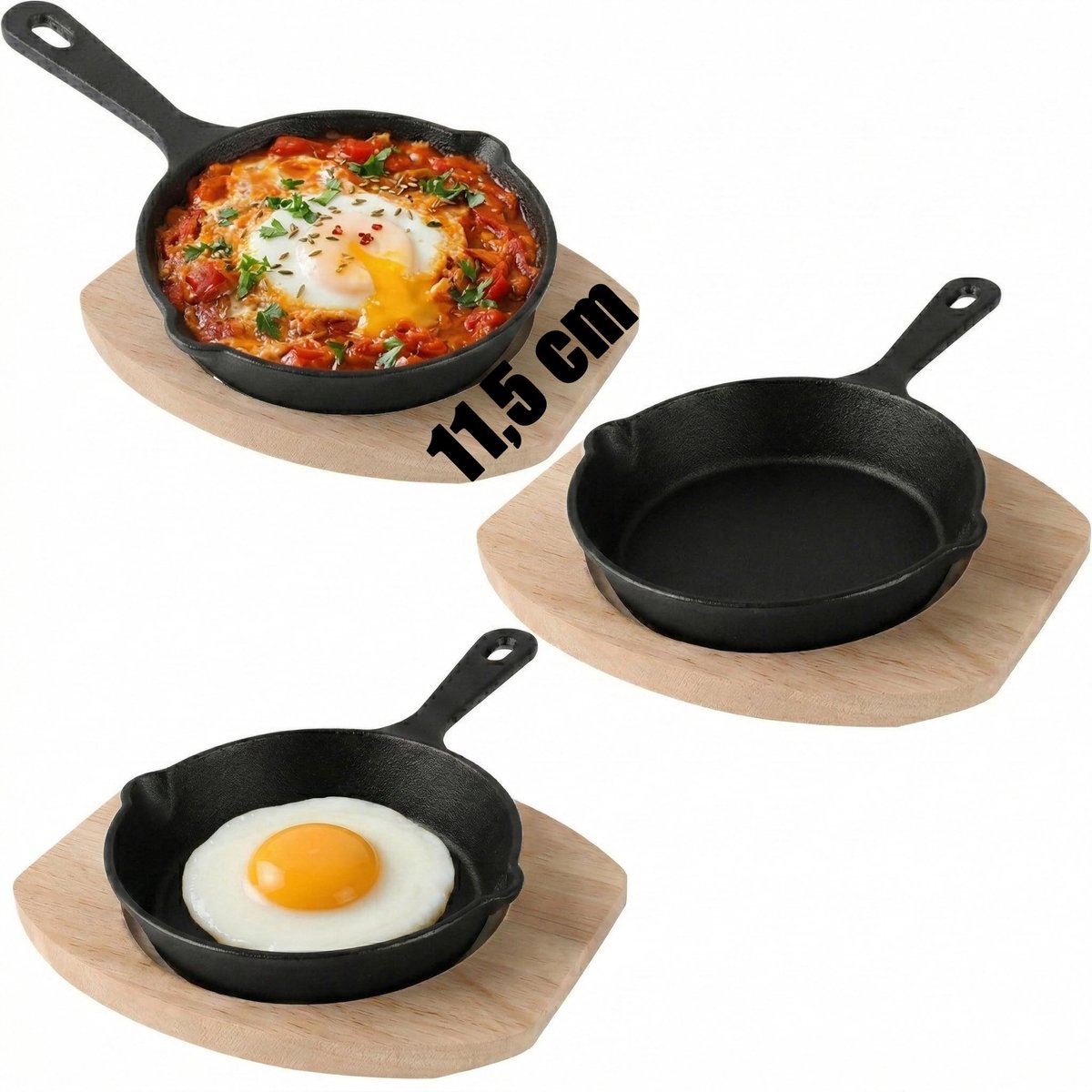 Dailygoods- Braadpan Gietijzer Set van 3 - Mini Braadpannen 14 cm - Houten Bodem - Grillveilig - Voor Fornuis/Oven - Mini Pan